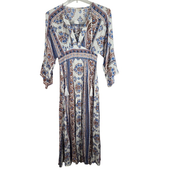 En Creme Dresses & Skirts - En Crème Boho Floral Paisley Maxi Dress Size S Tassel Tie V-Neck Peasant Style